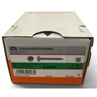 200 Stück JD Drive Universalschrauben 4,5x45 Pan-Head verzinkt Vollgewinde TX