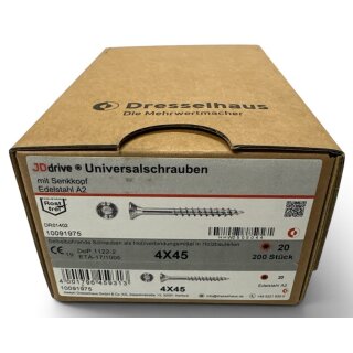 200 Stück JD Drive Universalschrauben Edelstahl A2 4x45 Senkkopf Teilgewinde TX