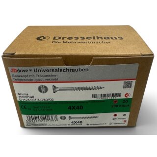 200 Stück JD Drive Universalschrauben verzinkt 4x40 Senkkopf Teilgewinde TX