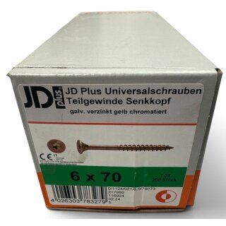 200 Stück JD Plus Universalschrauben 6x70 Senkkopf gelb verzinkt Teilgewinde TX
