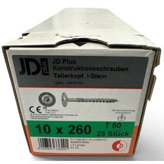 25 Stück JD Plus Konstruktionsschrauben 10x260 Holzbauschrauben Tellerkopf TX