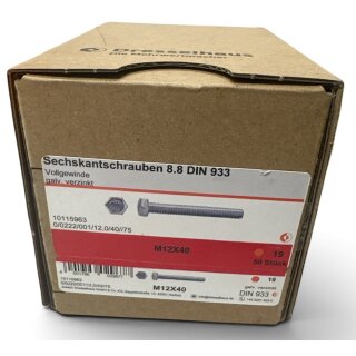 50 Stück Dresselhaus DIN 933 8.8 M12x40 verzinkt Sechskantschrauben Vollgewinde