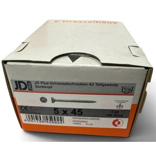 100 Stück JD Plus Universalschrauben Edelstahl A2 5x45 Senkkopf Teilgewinde TX