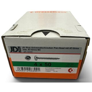 200 Stück JD Plus Universalschrauben 4x50 Pan-Head verzinkt Vollgewinde AT-Drive