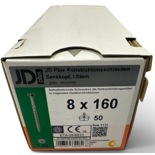 50 Stück JD Plus Konstruktionsschrauben 8x160 Holzbauschrauben Senkkopf TX