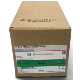 100 Stück JD Drive Universalschrauben verzinkt 6x200 Senkkopf Teilgewinde TX