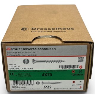 100 Stück JD Drive Universalschrauben verzinkt 4x70 Senkkopf Teilgewinde TX