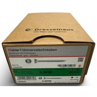200 Stück JD Drive Universalschrauben verzinkt 3,5x50 Senkkopf Teilgewinde TX