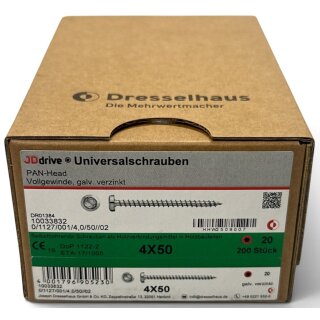 200 Stück JD Drive Universalschrauben 4x50 Pan-Head verzinkt Vollgewinde TX