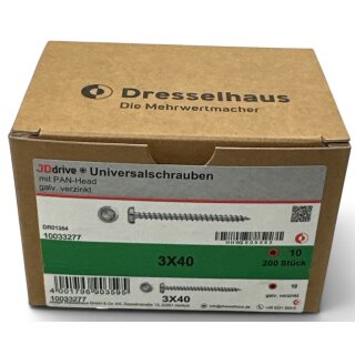 200 Stück JD Drive Universalschrauben 3x40 Pan-Head verzinkt Vollgewinde TX