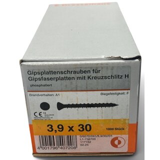 1000 Stück 3,9x30 Gipsplattenschrauben für Gipsfaserplatten Schnellbauschrauben