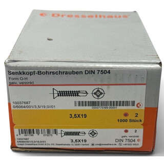 1000 Stück Dresselhaus DIN 7504 3,5x19 verzinkt Form O-H Senkkopf-Bohrschrauben