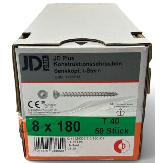 50 Stück JD Plus Konstruktionsschrauben 8x180 Vollgewinde Holzbauschrauben Senkkopf TX