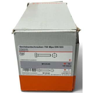 100 Stück Dresselhaus DIN 933 M12x45 Edelstahl A4 Sechskantschrauben Vollgewinde