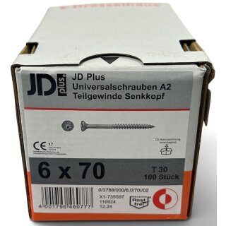 100 Stück JD Plus Universalschrauben Edelstahl A2 4x45 Senkkopf Teilgewinde TX