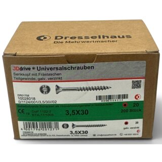 200 Stück JD Drive Universalschrauben verzinkt 3,5x30 Senkkopf Teilgewinde TX
