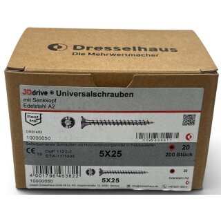 200 Stück JD Drive Universalschrauben Edelstahl A2 5x25 Senkkopf Vollgewinde TX