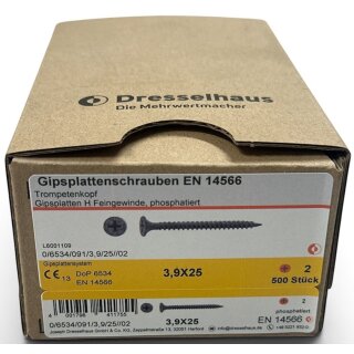 500 Stück 3,9x25 Gipsplattenschrauben Feingewinde Schnellbauschrauben