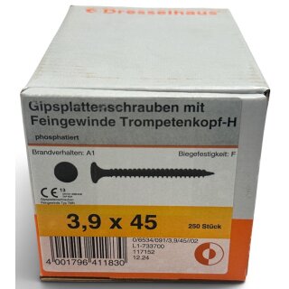 250 Stück 3,9x45 Gipsplattenschrauben Feingewinde Schnellbauschrauben