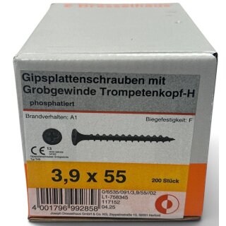 200 Stück 3,9x55 Gipsplattenschrauben Grobgewinde Schnellbauschrauben