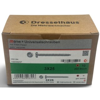 200 Stück JD Drive Universalschrauben 3x25 Pan-Head verzinkt Vollgewinde TX