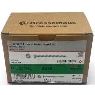 200 Stück JD Drive Universalschrauben 5x25 Pan-Head verzinkt Vollgewinde TX