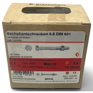 10 Stück Dresselhaus DIN 601 4.8 M8x20 verzinkt Sechskantschrauben Mu mit Schaft