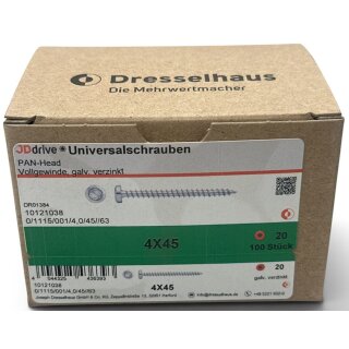 100 Stück JD Drive Universalschrauben 4x45 Pan-Head verzinkt Vollgewinde TX