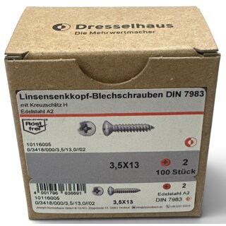 100 Stück Dresselhaus DIN 7983 Linsensenk-Blechschrauben 3,5x13 mm Kreuzschlitz H