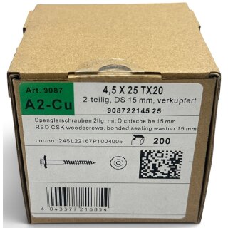 200 Stück Spenglerschrauben 4,5x25 mm 2tlg. Dichtscheibe 15 mm A2 verkupftert TX Kupfer CU