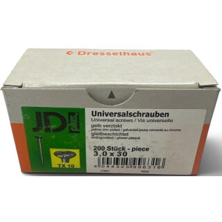 200 Stück JD Plus Universalschrauben 3x30 Senkkopf gelb verzinkt Teilgewinde TX