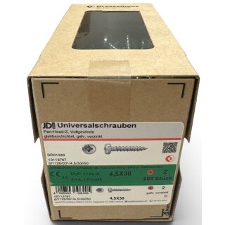 200 Stück JD Drive Universalschrauben 4,5x30 Pan-Head verzinkt Vollgewinde Kreuz