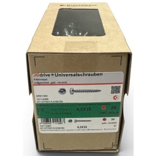 200 Stück JD Drive Universalschrauben 4,5x35 Pan-Head verzinkt Vollgewinde TX