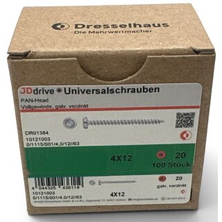 100 Stück JD Drive Universalschrauben 4x12 Pan-Head verzinkt Vollgewinde TX
