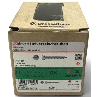 200 Stück JD Drive Universalschrauben 4x20 Pan-Head verzinkt Vollgewinde TX