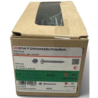 200 Stück JD Drive Universalschrauben 4x25 Pan-Head verzinkt Vollgewinde TX