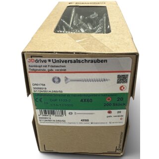 200 Stück JD Drive Universalschrauben verzinkt 4x60 Senkkopf Teilgewinde TX