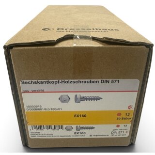 50 Stück Dresselhaus DIN 571 8x160 verzinkt Sechskant-Holzschrauben