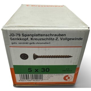 500 Stück JD 79 Spanplattenschrauben Dresselhaus 5x30 gelb verzinkt Vollgewinde Kreuzschlitz