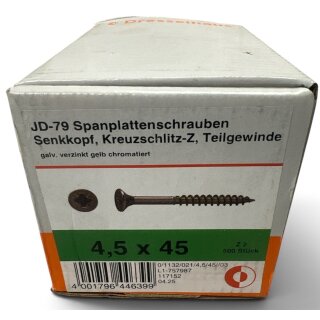 500 Stück JD 79 Spanplattenschrauben Dresselhaus 4,5x45 gelb verzinkt Kreuzschlitz