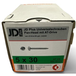 500 Stück JD Plus Universalschrauben 5x30 Pan-Head verzinkt Vollgewinde AT-Drive